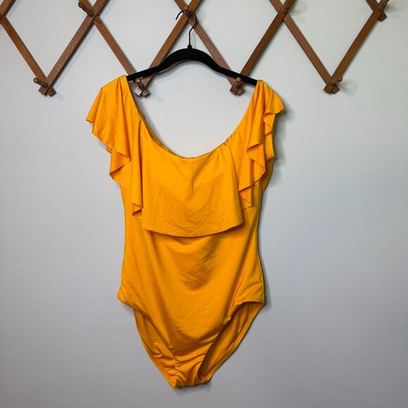 NWT‎ Trina Turk Monaco Ruffle Mellow Yellow Ruffle Top 1 Piece Swimsuit Size 14 - Picture 10 of 10